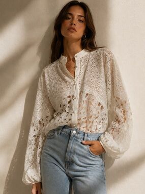 The Kooples Paris White Lace Eyelet Button-Front Flowy Boho Blouse Size 2